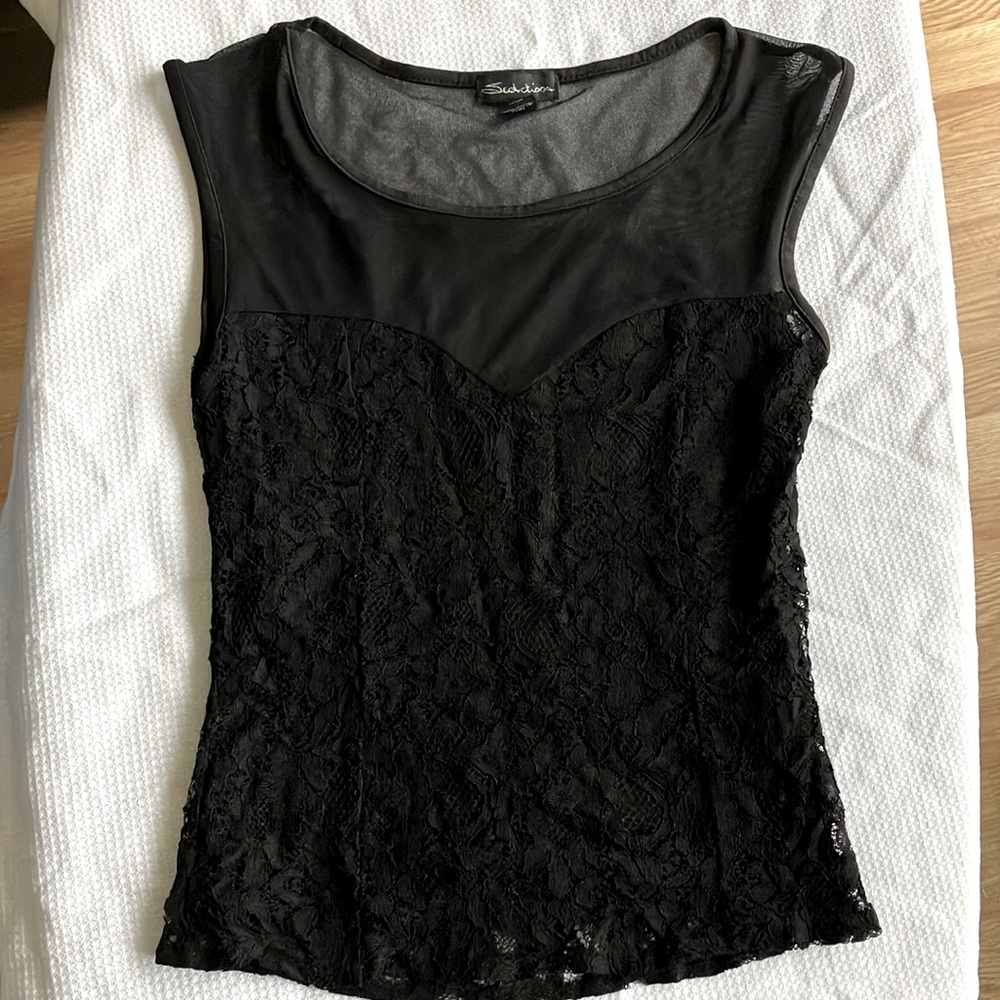 Black mesh and lace sleeveless top